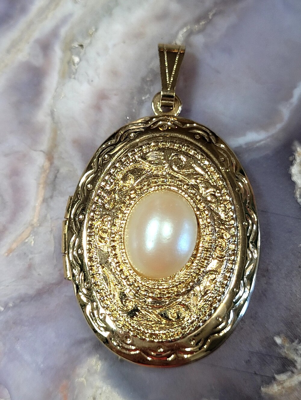 Gold Oval Locket Pendant with Pearl Center